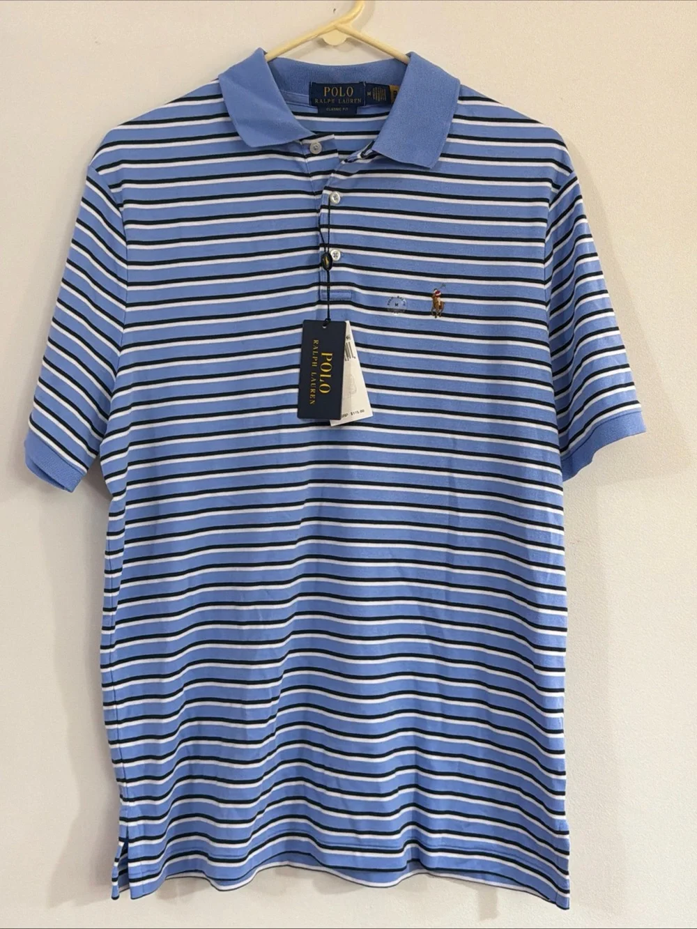 NWT MEN'S POLO RALPH LAUREN POLO SHIRT NAVY BLUE WHITE BLUE SIZE M